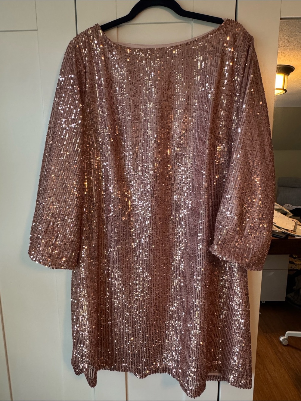 LOFT Rose Gold Sequin Shift Dress with Three-Quarter Sleeves